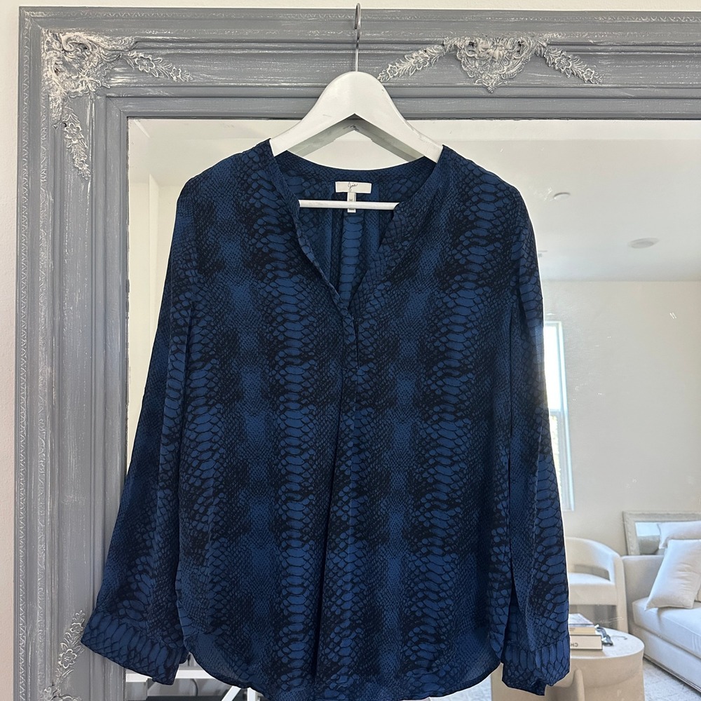 Joie Silk Python/Reptile Printed Blouse Top Long Sleeve Blue Resort Breathable M